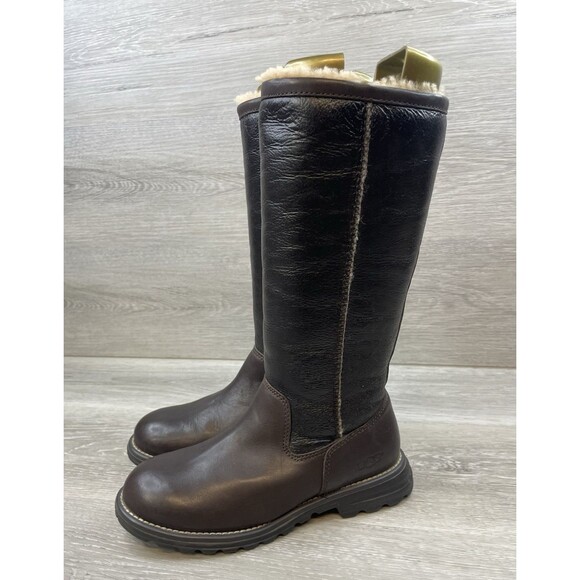 Ugg Women's 6 Brown Leather Shearling Lined Tall Pull On Winter Boots Water - Picture 3 of 13
